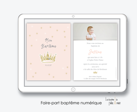 faire part bapteme fille numérique-Faire-part baptême digital-électronique-fichier Pdf-couronne rose-à imprimer soi même