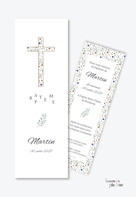 faire part baptême garçon  avec une croix en motif liberty-fleurs-baptême  religieux-format marque page