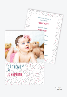 faire part baptême fille tendance et pas cher-motif petits traits -couleur noir et blanc avec points fuchsia-esprit pantone-avec photo-motif graphique-motif art graphique