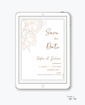 Save the date mariage numérique-Save the date mariage digital-Save the date numérique-pdf numérique-Save the date mariage electronique -Save the date à envoyer par mms-par mail-réseaux sociaux-whatsapp-facebook-messenger-pivoines-dorure-doré-chic-elegant-