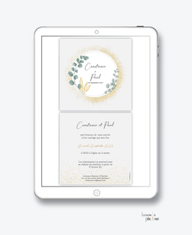 faire-part-mariage-numérique-faire-part-mariage-digital-faire-part-numérique-pdf-numérique-faire-part mariage-electronique-faire-part-à-envoyer-par-mms-par-mail-réseaux-sociaux-whatsapp-facebook-messenger-couronne-doré-eucalyptus-paillette-carréchampêtre