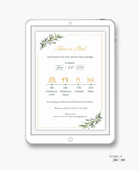 faire-part mariage numérique-faire part mariage digital-faire-part mariage-faire-part à envoyer par mms-par mail-réseaux sociaux-whatsapp-facebook-messenge-champêtre-brin d'olivier-pictogramme-transparent-chic-marocain-oriental-timeline