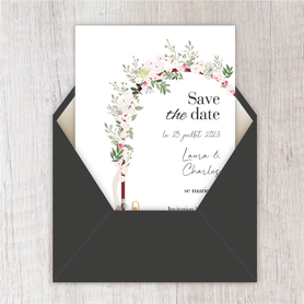 Save the date mariage gif animé- Save the date mariage virtuel-Save the date mariage digital-Save the date mariage numérique animé-électronique-à envoyer via les réseaux sociaux-whatsapp-facebook-messenger-mms-Arche laïque-fleurs-bohème-champêtre-lanterne