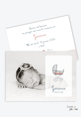 faire part naissance fille -berceau-landau-pousette-vintage-lit bébé-couffin-layette-faire-part simple-motif terrazzo-granite