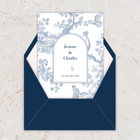 Faire-part mariage gif animé-faire-part mariage virtuel- faire part mariage digital-numérique animé-électronique-vidéo-à envoyer via les réseaux sociaux-whatsapp-facebook-messenger-mms-toile de jouy bleu-arche-élégant-chic-bourgois-chateau