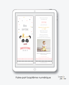 faire part bapteme fille numérique-Faire-part baptême digital-électronique-fichier Pdf-Panda plume-à imprimer soi même