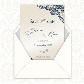 Save the date mariage gif animé- Save the date mariage virtuel-Save the date mariage digital-Save the date mariage numérique animé-à envoyer via les réseaux sociaux-whatsapp-facebook-messenger-mms-dentelle-bleue-tige champêtre-nacré-chic-elegant-raffiné