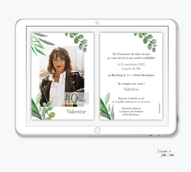 invitation anniversaire femme numérique-électronique-digital-pas cher-à envoyer par mail et reseaux sociaux-whatsapp-facebook-mms-20ans-30ans-40ans-50ans-60ans-à imprimer soi-même-eucalyptus-olivier -branche d'olivier-végétal-avec photos