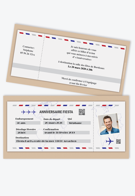 Invitation anniveraire homme billet d'avion party-fiesta-beige