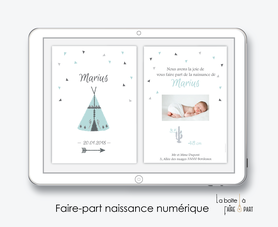 faire part naissance garçon numérique-faire part garçon digital-fichier Pdf-tipi-fleche-à imprimer-envoyer par mail -envoyer par sms ou mms-réseaux sociaux