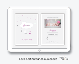  faire-part naissance fille numérique-faire part naissance digital-faire-part digital -nuage blanc-etoile-lune-à imprimer -à envoyer par mail -à envoyer par mms-sms-réseaux sociaux-whatsapp-messenger-via smartphone