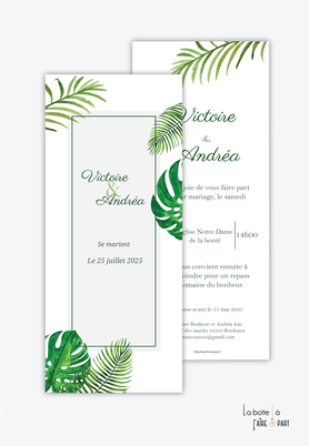 Faire-part mariage-format marque page-feuilles de palmiers-tropical-exotique