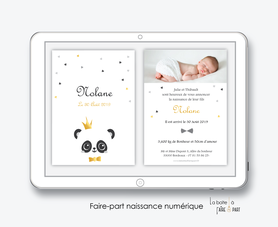 faire part naissance garçon numérique-faire part garçon digital-fichier Pdf-panda couronne-noeud papillon-à imprimer-envoyer par mail -envoyer par sms ou mms-réseaux sociaux