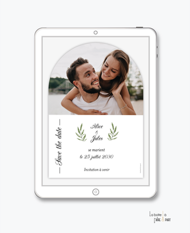 Save the date mariage numérique, brin de sauge, champêtre, arche