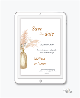 Save the date mariage numérique-Save the date mariage digital-Save the date numérique-pdf numérique-Save the date mariage electronique -Save the date à envoyer par mms-par mail-réseaux sociaux-whatsapp-facebook-messenger-bohème-pampas-feuille palmier