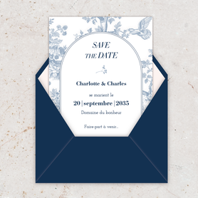 Save the date mariage gif animé- Save the date mariage virtuel-Save the date mariage digital-Save the date mariage numérique animé-à envoyer via les réseaux sociaux-whatsapp-facebook-messenger-mms-toile de jouy bleu-arche-élégant-chic-bourgois-chateau