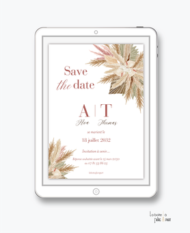 Save the date mariage numérique-Save the date mariage digital-Save the date numérique-pdf-Save the date mariage electronique -Save the date à envoyer par mail-réseaux sociaux-whatsapp-facebook-pampa suspendue-Pampa-orchidée-pampa bohème-bouquet de pampa