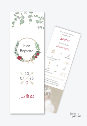 faire part baptême fille tendance, moderne et pas cher-bohème-pivoine-fleches-pictogramme-couronne d'eucalyptus-chic-noeud-format marque page-pictogramme