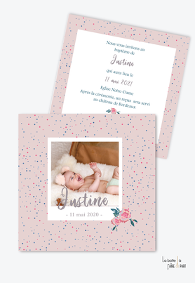 faire part baptême fille-motif et fleurs-polaroid-pivoine-tendance-moderne-pas cher-format carré-motif etoile-rose et bleu canard