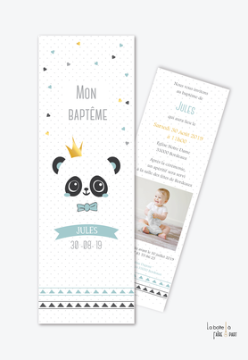 faire part bapteme garçon panda couronne-noeud papillon-marque page-coloris pastel-bleu et noir- animal-animaux