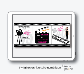 invitation anniversaire femme numérique-électronique- 20ans-30ans-40ans-50ans-60ans-à imprimer soi-même-faire-part à envoyer par sms-mms-par mail-réseaux sociaux-whatsapp-facebook-CINEMA-camera-charly chaplin