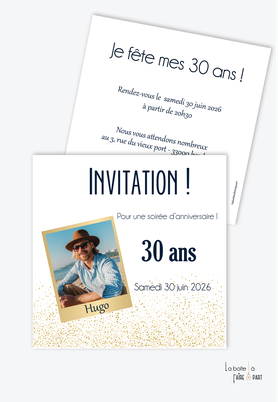 invitation anniversaire homme avec photo-noir et blanc-carte d'invitation anniversaire homme 20ans-30ans-40ans-50ans-60ans-70ans - format carré-Photo polaroid-paillettes-doré