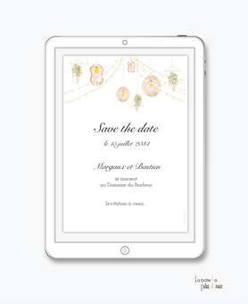 Save the date mariage numérique, lustre osier, bohème, guirlande, plante suspendue, en paille
