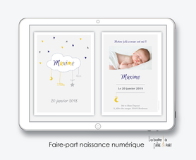 faire part naissance garçon numérique-faire part garçon électronique-fichier Pdf-nuage blanc-etoile-lune-envoyer par mail -envoyer par sms ou mms-réseaux sociaux-whatsapp-messenger-via smartphone