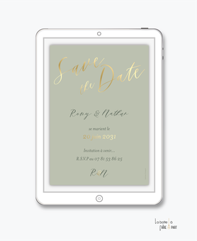 Save the date mariage numérique-Save the date mariage digital-Save the date numérique-pdf-Save the date mariage electronique -Save the date à envoyer par mail-réseaux sociaux-whatsapp-facebook-doré-dorure-chic-oriental-maroc-vert sauge-or-elegant-raffiné