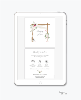 faire-part mariage numérique-faire part mariage digital-faire part numérique-faire part mariage-faire-part à envoyer par mms-par mail-réseaux sociaux-whatsapp-facebook-messenger-mariage laïque-arche-fleurs-lanterne-voilage-tenture