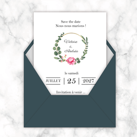Save the date mariage gif animé- Save the date mariage virtuel-Save the date mariage digital-Save the date mariage numérique animé-électronique-à envoyer via les réseaux sociaux-whatsapp-facebook-messenger-mms-vidéo-Couronne d'eucalyptus et pivoine