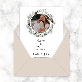 Faire-part mariage gif animé-faire-part mariage virtuel- faire part mariage digital-numérique animé-électronique-vidéo-à envoyer via les réseaux sociaux-whatsapp-facebook-messenger-mms-pigne de pin-tige de pin-fleurs-noël-couronne-hiver-