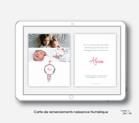 carte de remerciements naissance fille numérique-carte de remerciement digital -pdf imprimable-pdf numérique-faire part connecté- attrape reves fleuri-à imprimer soi-même-carte de remerciement naissance à envoyer par mail, mms et réseau sociaux