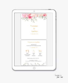 faire-part mariage numérique-faire part mariage digital-faire part numérique-faire part mariage-faire-part à envoyer par mms-par mail-réseaux sociaux-whatsapp-facebook-messenger-roses-gypsophile-pivoines-doré-chic-bouquet de roses-fleurs-timeline