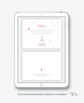  Carte de remerciements naissance fille numérique-carte de remerciements fille électronique-fichier Pdf-tipi indien -à imprimer soi mêmecarte de remerciement digital à envoyer par mail, mms et réseau sociaux