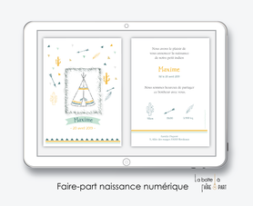 faire part naissance garçon numérique-faire part garçon électronique-fichier Pdf-tipi indien-cactus-fleche-envoyer par mail -envoyer par sms ou mms-réseaux sociaux-whatsapp-messenger-via smartphone