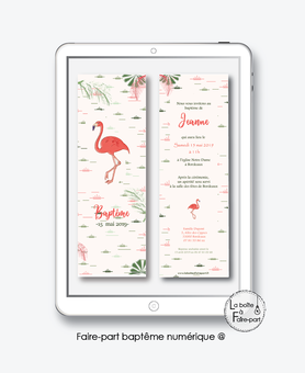 faire part bapteme fille numérique-Faire-part baptême digital-électronique-fichier Pdf-flamant rose tropical-à imprimer soi même