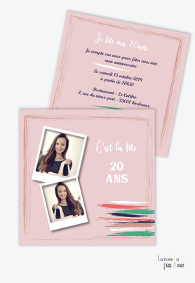 invitation anniversaire femme trait de gouache-rose-pinceau-polaroid