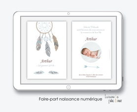 faire part naissance garçon numérique-faire part garçon digital-fichier Pdf-attrape reves plume-envoyer par mail -envoyer par sms ou mms-réseaux sociaux-via smartphone-messenger