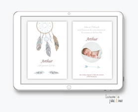 faire part naissance garçon numérique-faire part garçon digital-fichier Pdf-attrape reves plume-envoyer par mail -envoyer par sms ou mms-réseaux sociaux-via smartphone-messenger