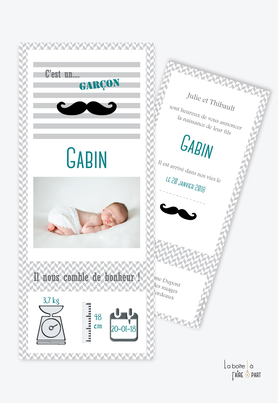 faire part naissance garçon moustache noir -rayure-chevron-forme marque page-avec photo-pictogramme