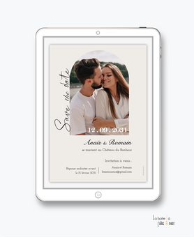 Save the date mariage numérique-Save the date mariage digital-Save the date numérique-pdf-Save the date mariage electronique -Save the date à envoyer par mail-réseaux sociaux-whatsapp-facebook-arche-photo-creme-chic-simple-couleur nude-minimaliste