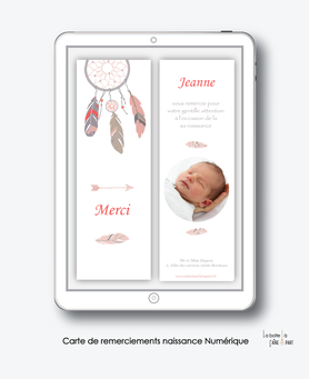  Carte de remerciements naissance fille numérique-carte de remerciements fille électronique digital-fichier Pdf- attrape rêves plumes -à imprimer soi même-carte de remerciement à envoyer par mail, mms et réseau sociaux