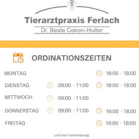 Ordinationszeiten Tierarztpraxis Ferlach, Dr.Beate Cekoni-Hutter, Tierarzt Ferlach