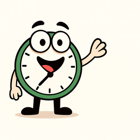 Uhrli, das grüne ZeitTausch-Maskottchen, begrüsst die Besucher mit einem freundlichen Winken.