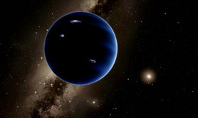 Künstlerische Fantasie-Illustration von Planet Neun (links) und der Sonne neben dran. © CalTech/R. Hurt (IPAC)