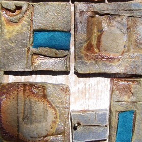 Detail of Rhythm Panel...Woodfired stoneware tiles, suede, barn wood & brass nail. TILE FESTIVAL: May 16 & 17 (Sat & Sun), Moravian Pottery & Tile Works, Doylestown, PA.y