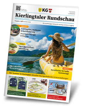 Abbildung der Kierlingtaler Rundschau, Ausgabe 11. Auf dem Titelbild sieht man ein Mädchen in einem Paddelboot auf einem See.