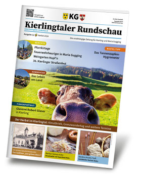 Abbildung der Kierlingtaler Rundschau, Ausgabe 12. Auf dem Titelbild sieht man das Portrait einer Kuh, die in die Kamera schaut.