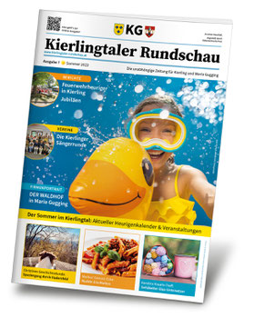 Abbildung der Kierlingtaler Rundschau, Ausgabe 7. Auf dem Titelbild sieht man ein Mädchen mit Taucherbrille und einer aufblasbaren gelben Ente. .